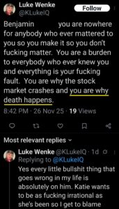 luke wenke x twitter screenshot benjamin ryan teeter obsession death 2025