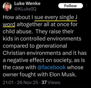 screenshot of an antisemitic november 2025 luke wenke x/twitter post threatening to sue jewish people