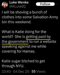 luek wenke x twitter screenshot katie obsession false allegations 2025