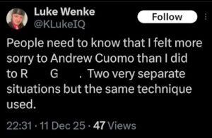 x/twitter screenshot of luke wenke trash talking his cyberstalking victim december 2025