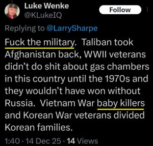 luke wenke x twitter screenshot antimilitary antiamerican 2025