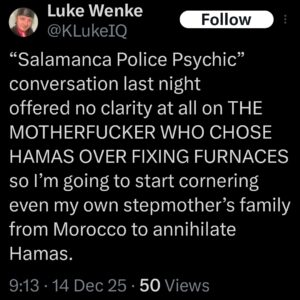 luke wenke x twitter screenshot hamas ryan obsession 2025
