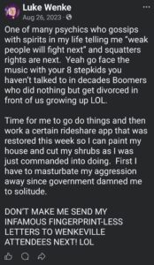 luke wenke facebook screenshot wenkeville 08/26/2023
