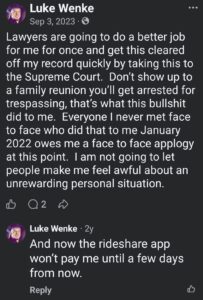 luke wenke screenshot wenkeville demands owed 2023