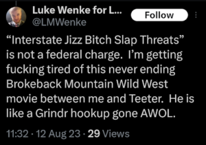 screenshot of an august 2023 luke wenke x/twitter post about sexual assault and obsessing over benjamin ryan teeter