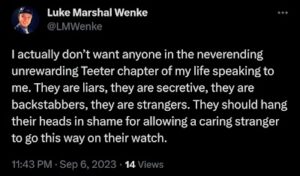 screenshot of a september 2023 Luke Wenke x/twitter post about stalking victim benjamin ryan teeter