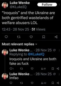 screenshot of a luke wenke x/twitter post comparing ukraine to people on welfare november 2025