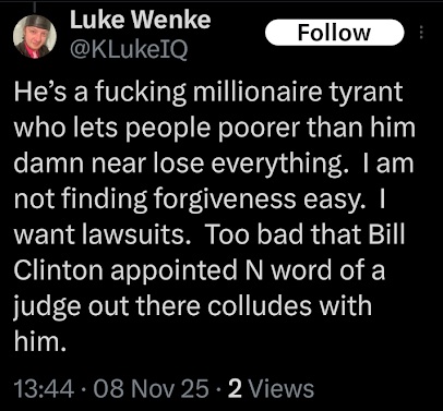 screenshot of a november 2025 luke wenke x/twitter post expressing jealousy of his cyberstalking victim