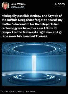 screenshot of a november x/twitter post by luke wenke threatening to rape his stalking victim's wife