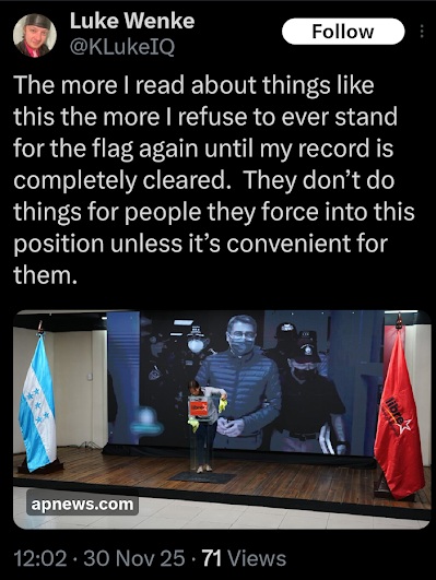 screenshot of a november 2025 luke wenke x/twitter post demanding a cleared criminal record