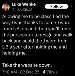 screenshot of an antisemitic 2025 luke wenke x/twitter post blaming Jews for his problems