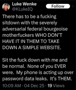 screen shot of a december 2025 x/twitter post luke wenke demands that this website is taken down