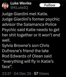 screenshot of a 2025 luke wenke x/twitter post about how his grandma met his stalking victim katie