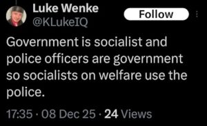 screenshot of a 2025 luke wenke tweet calling the us government socialist 