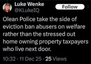 screenshot of an x/twitter post by luke wenke complaining about the olean police december 2025