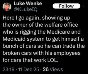 x/twitter screenshot of skyy homes medical transport worker luke wenke trash talking his employer december 2025