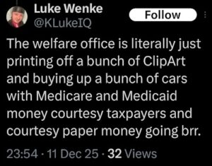 x/twitter screenshot of skyy homes medical transport worker luke wenke mocking his employer december 2025