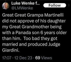 screenshot of a december 2023 luke wenke x/twitter post trash talking the giardini family