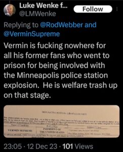 screenshot of a december 2023 luke wenke x/twitter post calling vermin supreme welfare trash