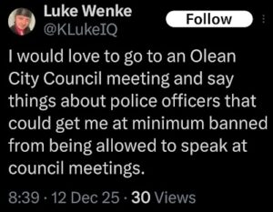 screenshot of a december 2025 luke wenke x/twitter post bashing the police