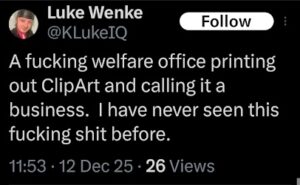 screenshot of a december 2025 luke wenke x/twitter post complaining about his employer skyy homes medical transport