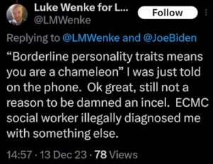 screenshot of a december 2023 luke wenke x/twitter post denying mental illness