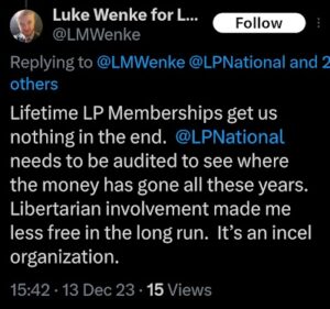 screenshot of a december 2023 luke wenke facebook post complaining about being an incel and blaming the libertarian party