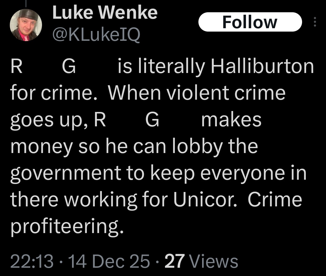 a screenshot of a december 2025 x/twitter post by luke wenke falsely accusing his cyberstalking victim of crime