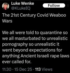 a screenshot of a december 2025 luke wenke tweet about pornography and masturbation