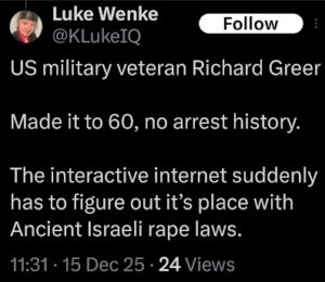 a screenshot of a december 2025 x/twitter post by Luke Wenke supporting child predator/pedophile richard greer