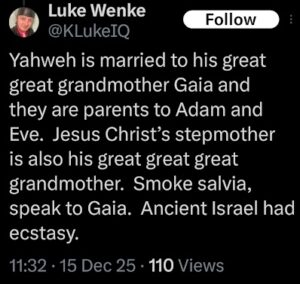 a screenshot of a december 2025 x/twitter post by luke wenke discussing rape and ecstasy in a biblical context