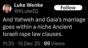 screenshot of a december 2025 x/twitter post about rape by luke wenke