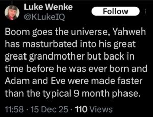 screenshot of an x/twitter post about masturbation by luke wenke december 2025