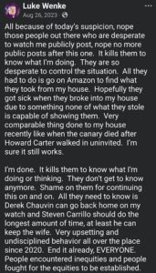 screenshot of an august 2023 luke wenke facebook post vowing to stop making public social media posts