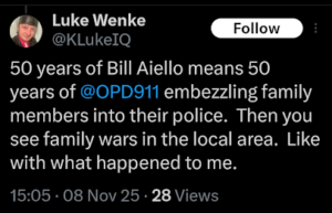 screenshot of a november 2025 luke wenke x/twitter post about former olean ny mayor bill aiello