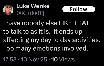 screenshot of a november 2025 luke wenke x/twitter post crying like an incel