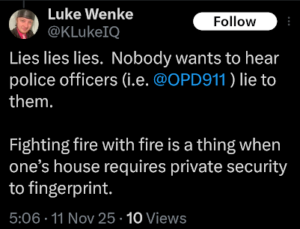 screenshot of a november 2025 luke wenke x/twitter post falsely accusing the olean police of lying