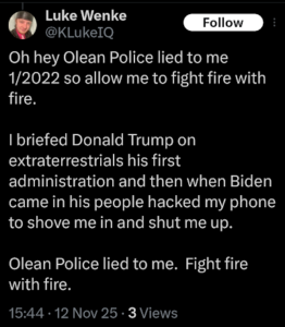 screenshot of a 2025 anti-police x/twitter post by luke wenke of olean ny