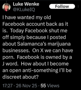 screenshot of luke wenke complaining because facebook suspended his account november 2025