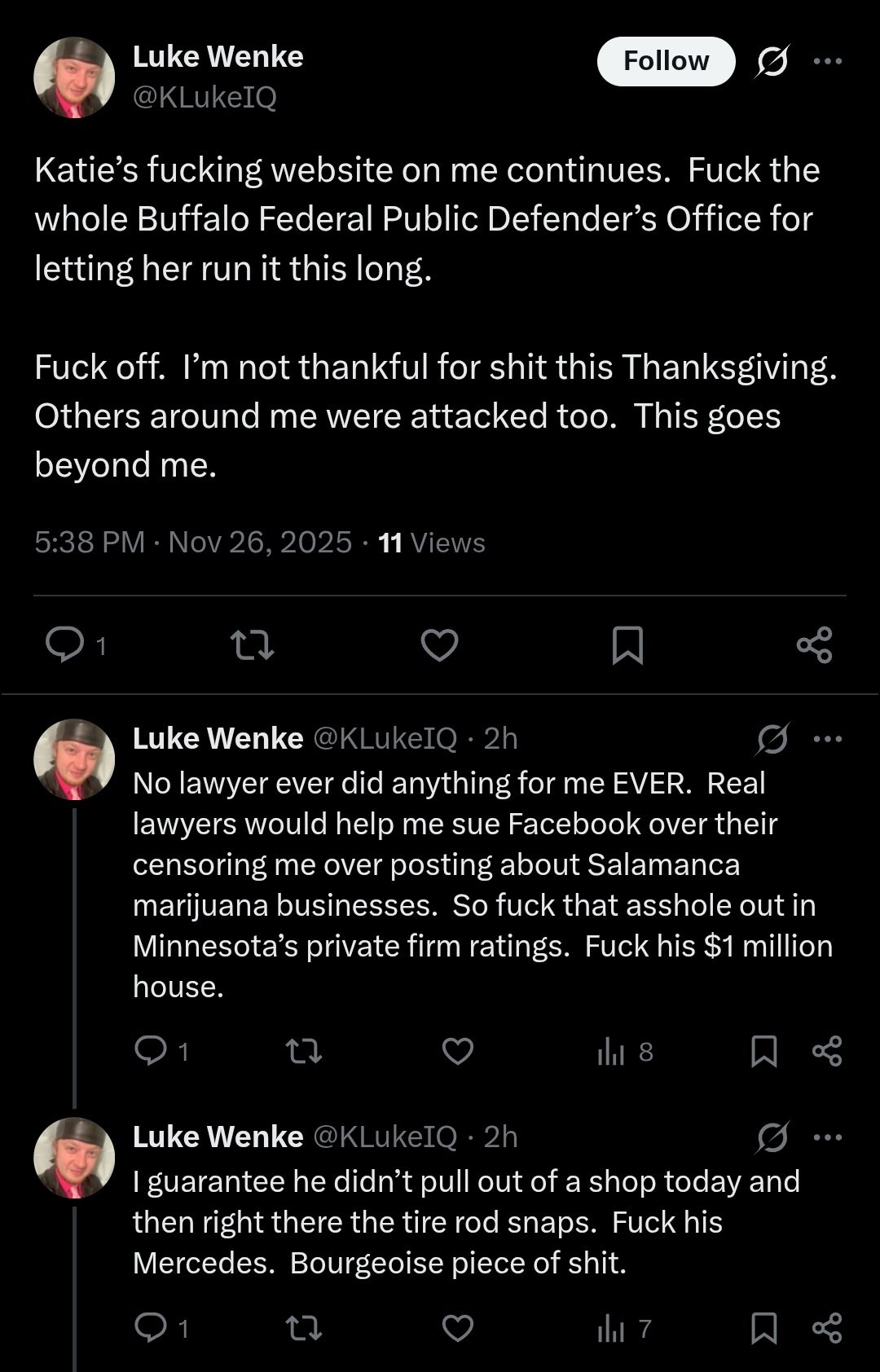 screenshot of a november 2025 luke wenke x/twitter post complaining about stalking victim katie's website