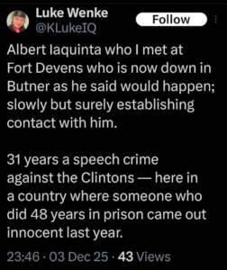 luke wenke downplays the seriouesness of his crimes on x/twitter december 2025