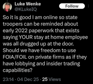 screenshot of a december 2025 luke wenke x/twitter post falsely accusing stalking victim of burglary