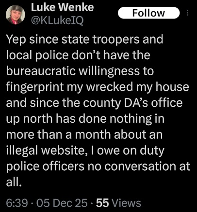 screenshot of a december 2025 luke wenke x/twitter screenshot demanding stalking victim's arrest