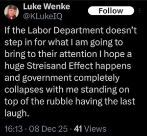 screenshot of a 2025 luke wenke x/twitter post calling for anarchy