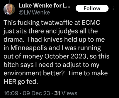 luke wenke blaming hospital social worker for his problems x/twitter screenshot december 2023