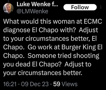 screenshot of an x/twitter post by luke wenke criticizing a hospital staff member after an evaluation in december 2023