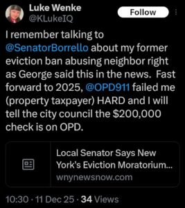 screenshot of an x/twitter post by luke wenke blaming the olean police for his problems december 2025