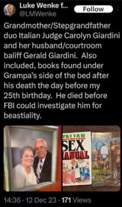 screenshot of a september 2023 Luke Wenke x/twitter post about finding animal porn in his grandpa's bedroom