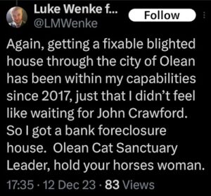 screenshot of a december 2023 luke wenke x/twitter post taunting stalking victim katie 