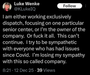 x/twitter screenshot of skyy homes medical transport worker luke wenke complaining about his employer december 2025